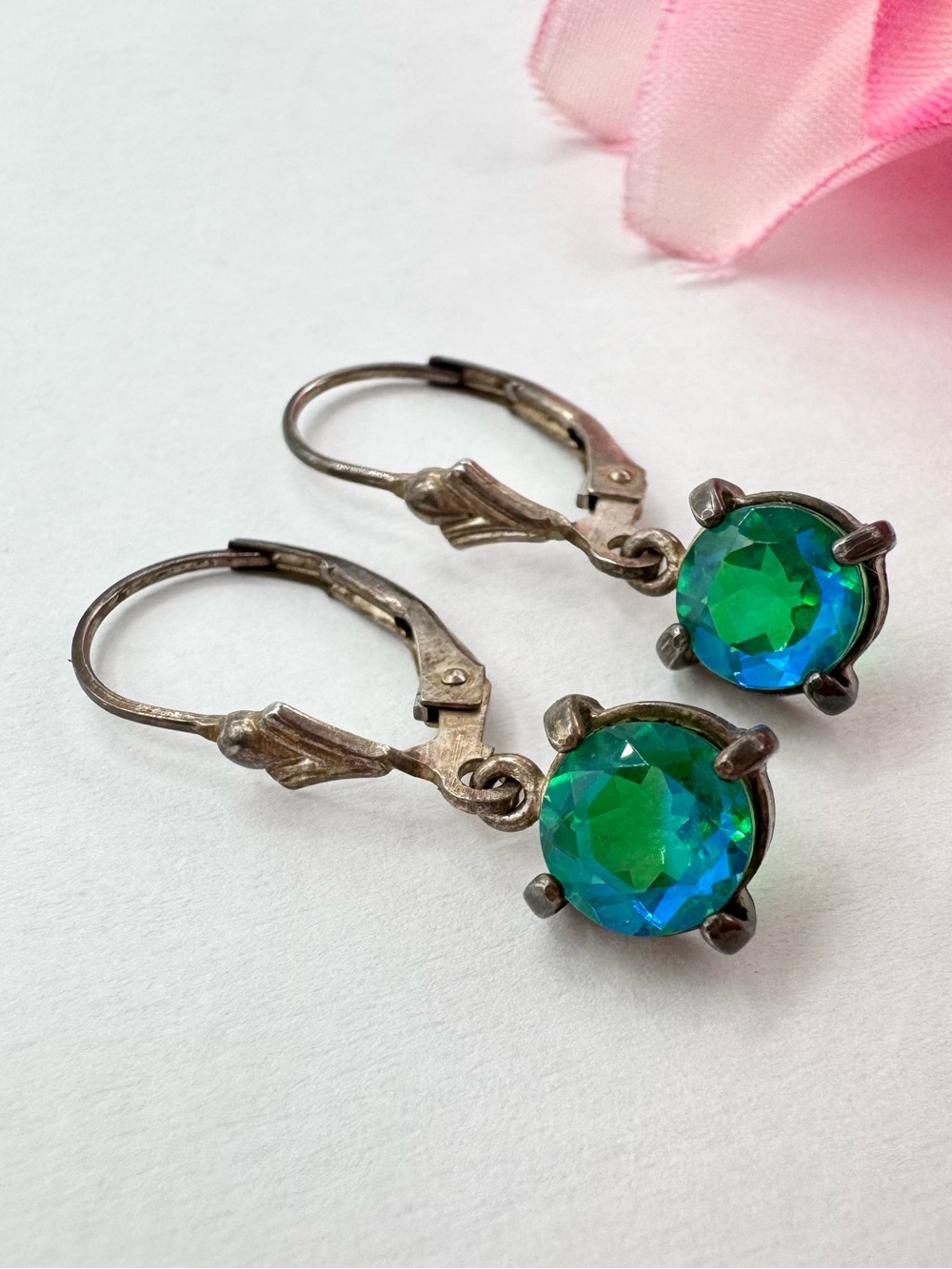 Vintage Green And Blue Flash Gemstone Earrings 925 Sterling Silver Leverback